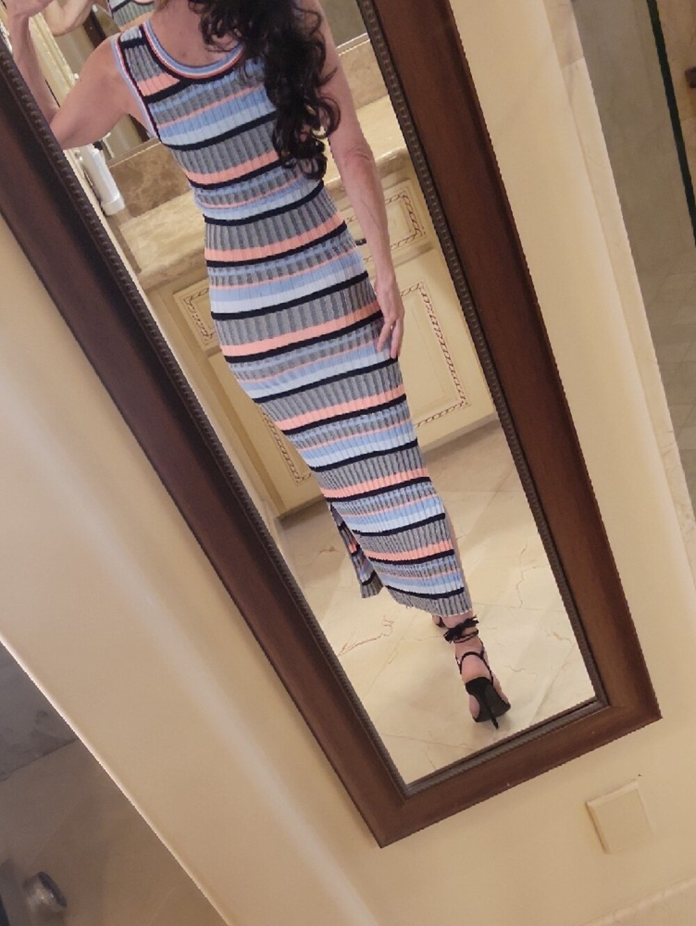 Camellia Knit Sleeveless Striped Maxi Dress in Blue, Peach & Black - Picture 13 of 15